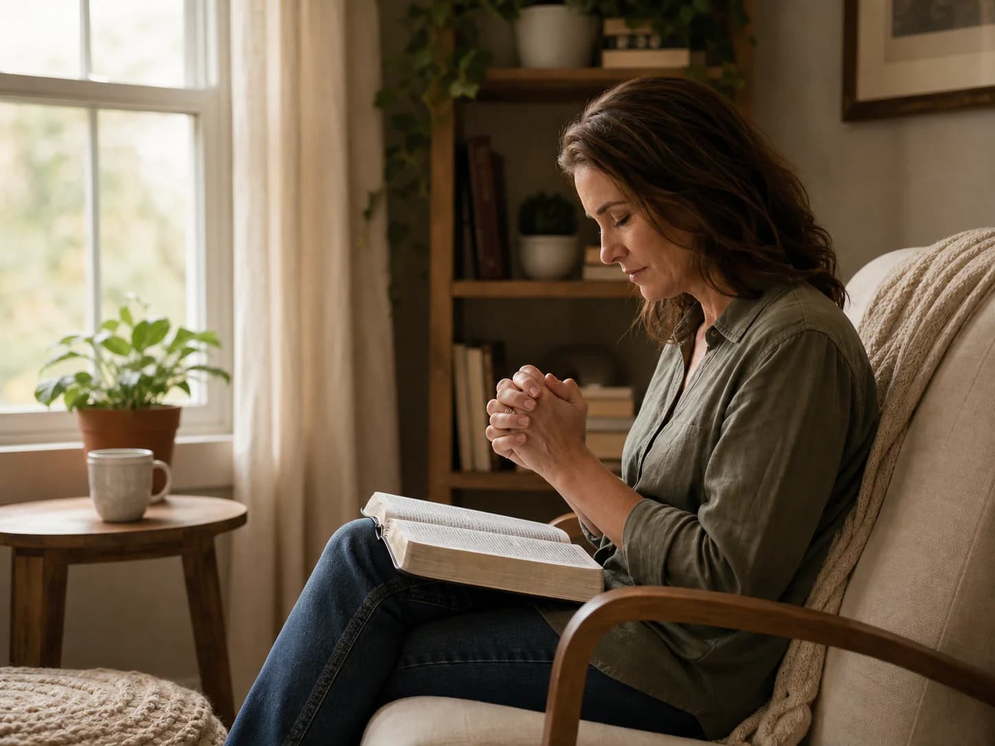 A woman praying quietly with an open Bible.