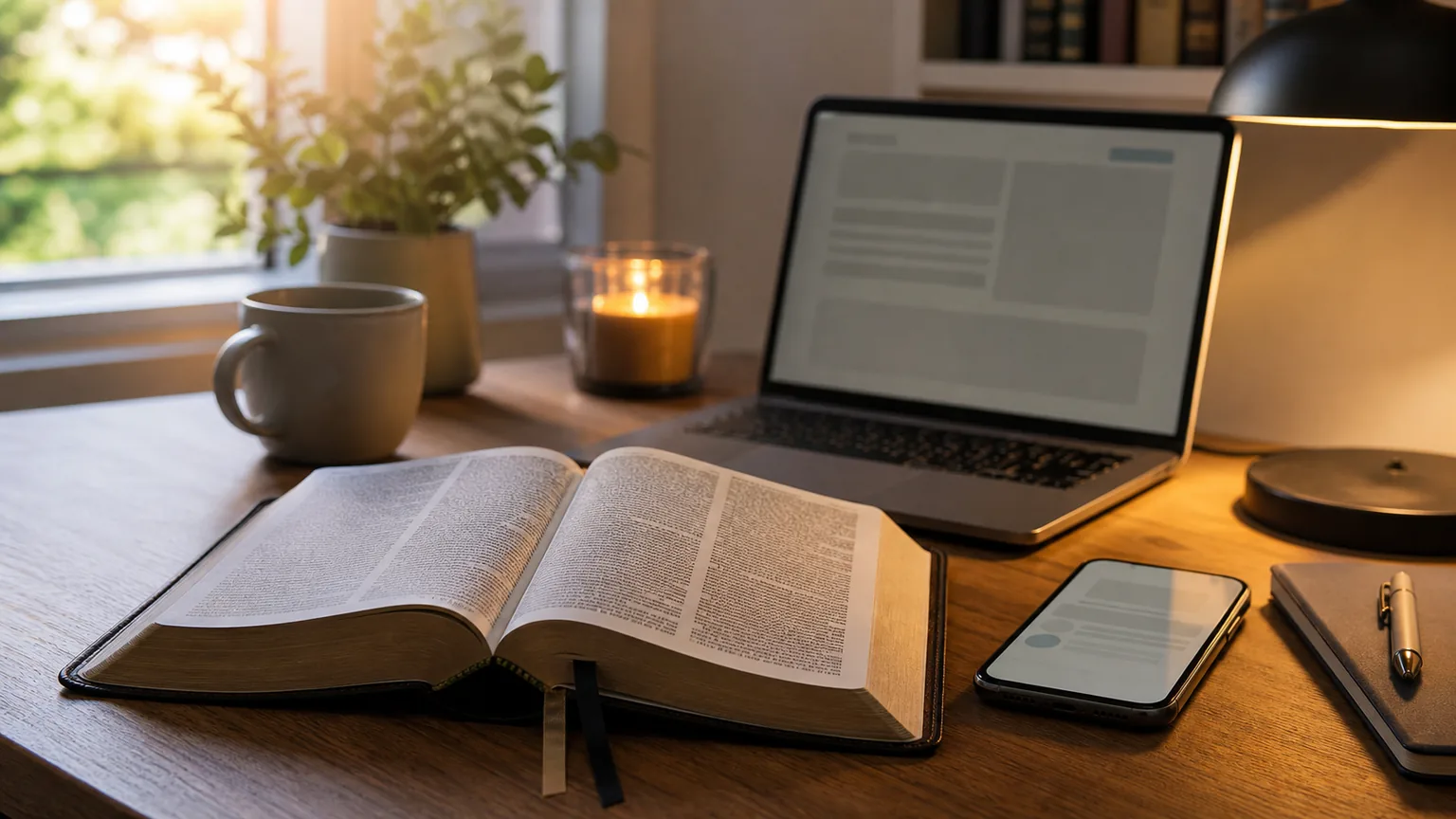 An open Bible beside a laptop and phone in a private study space