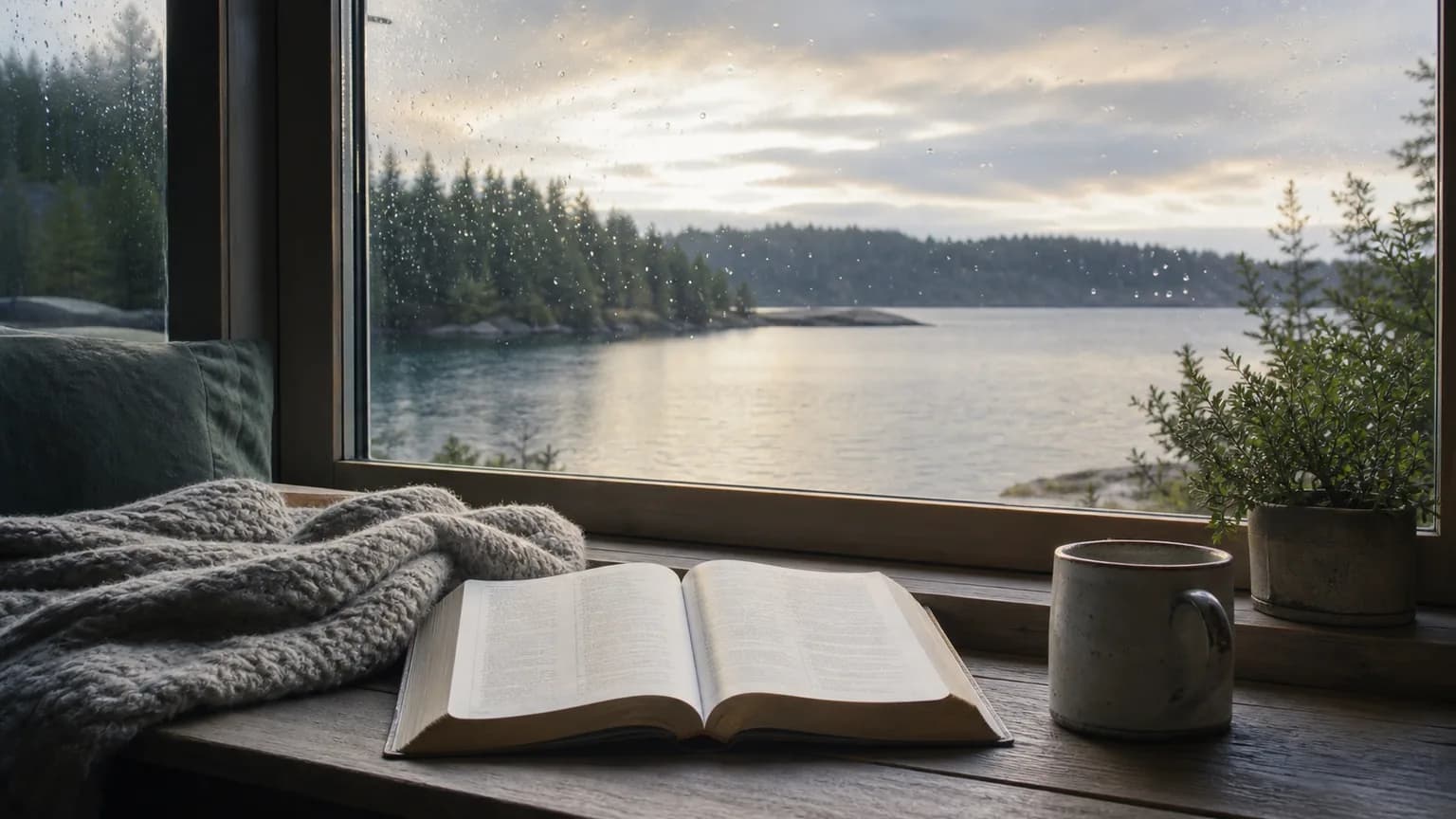 An open Bible beside a calm lake view after rain