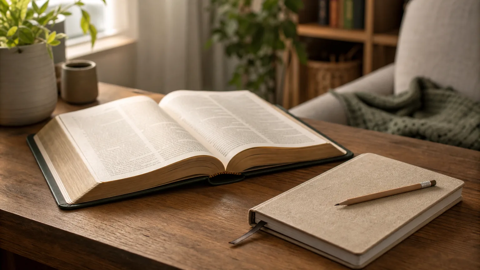 An open Bible with a notebook and pencil in a quiet reading space