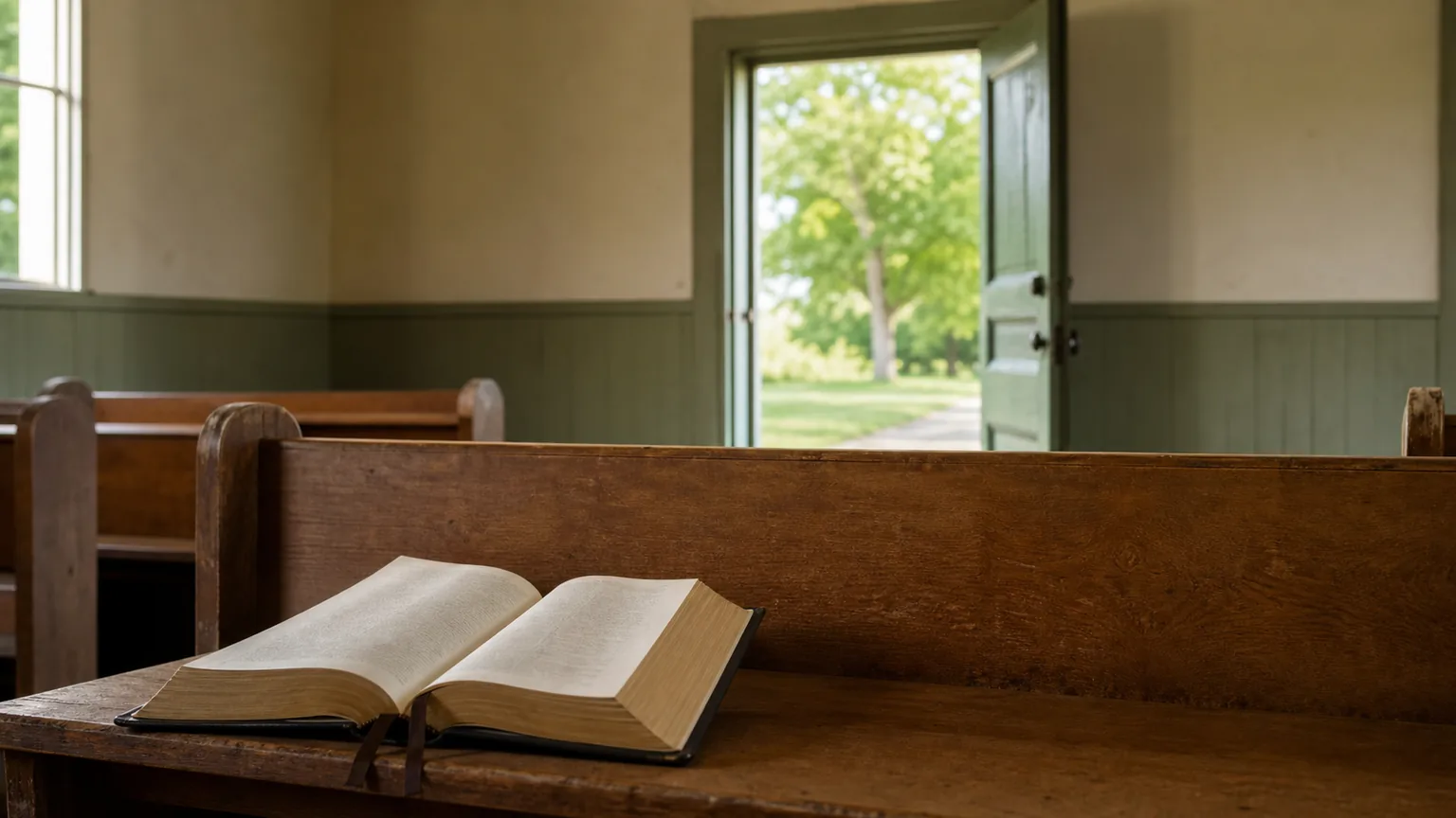 An open Bible on a church pew near an open, sunlit doorway