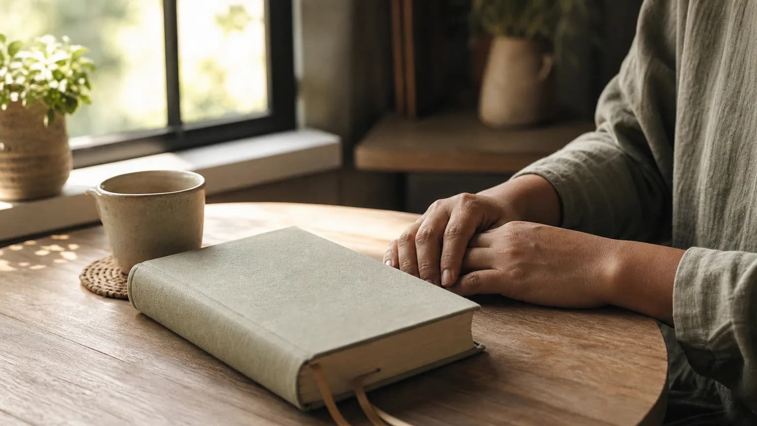 A Bible and relaxed hands at a quiet table near a window