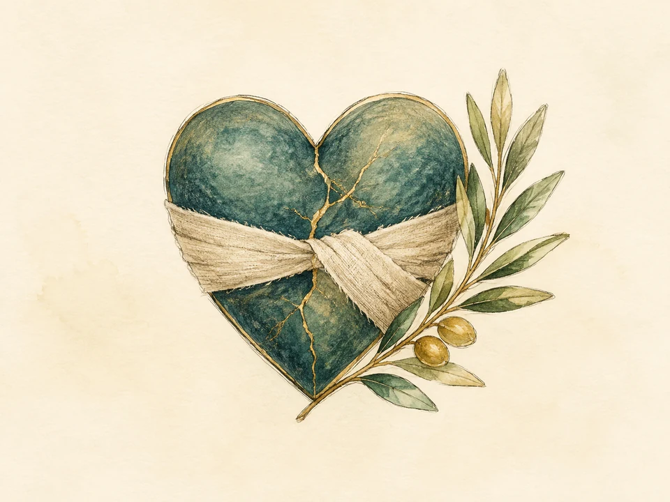 A hand-drawn mended heart with an olive branch