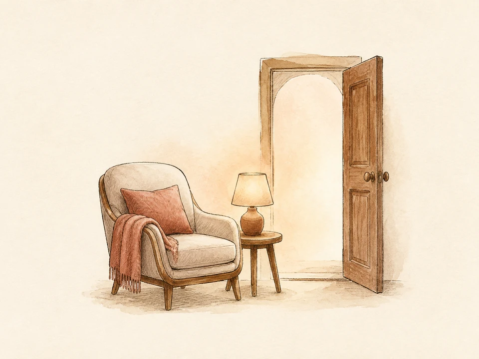 A hand-drawn quiet room with an open door