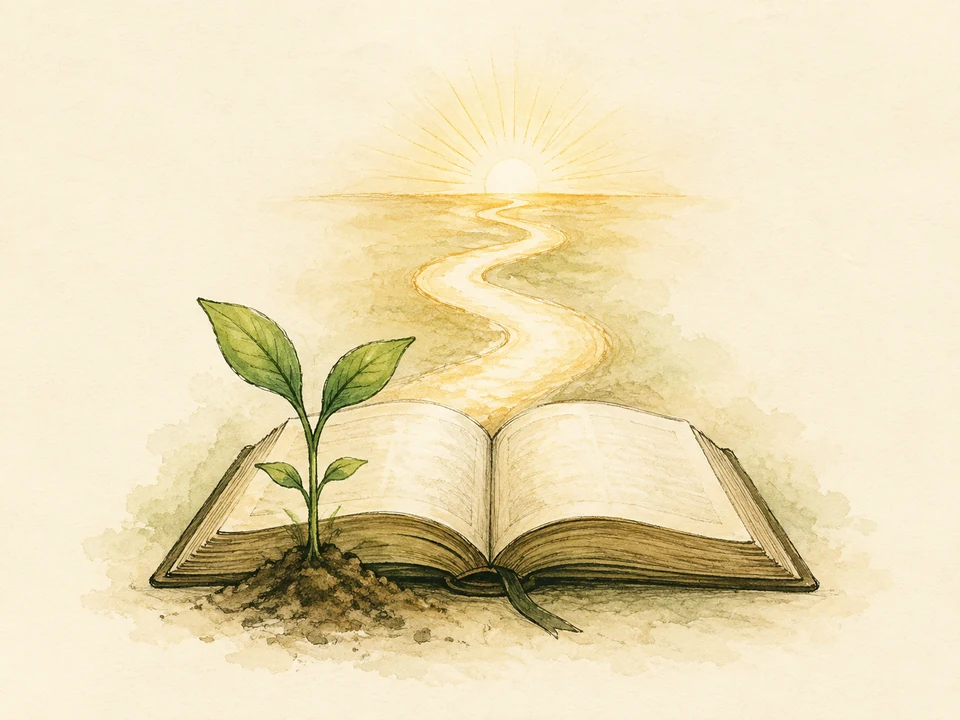 A hand-drawn sprout growing beside an open Bible