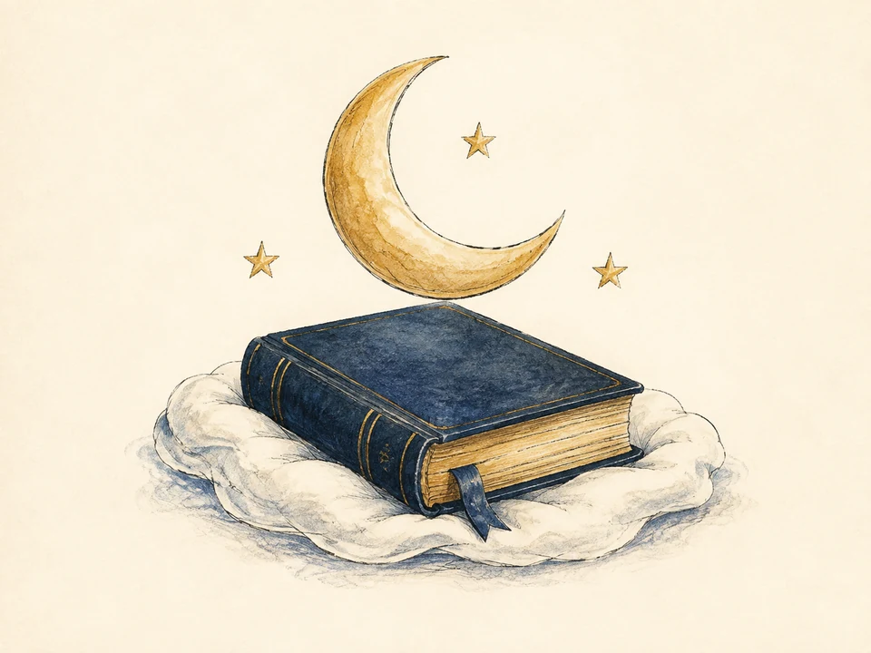 A hand-drawn moon above a resting Bible