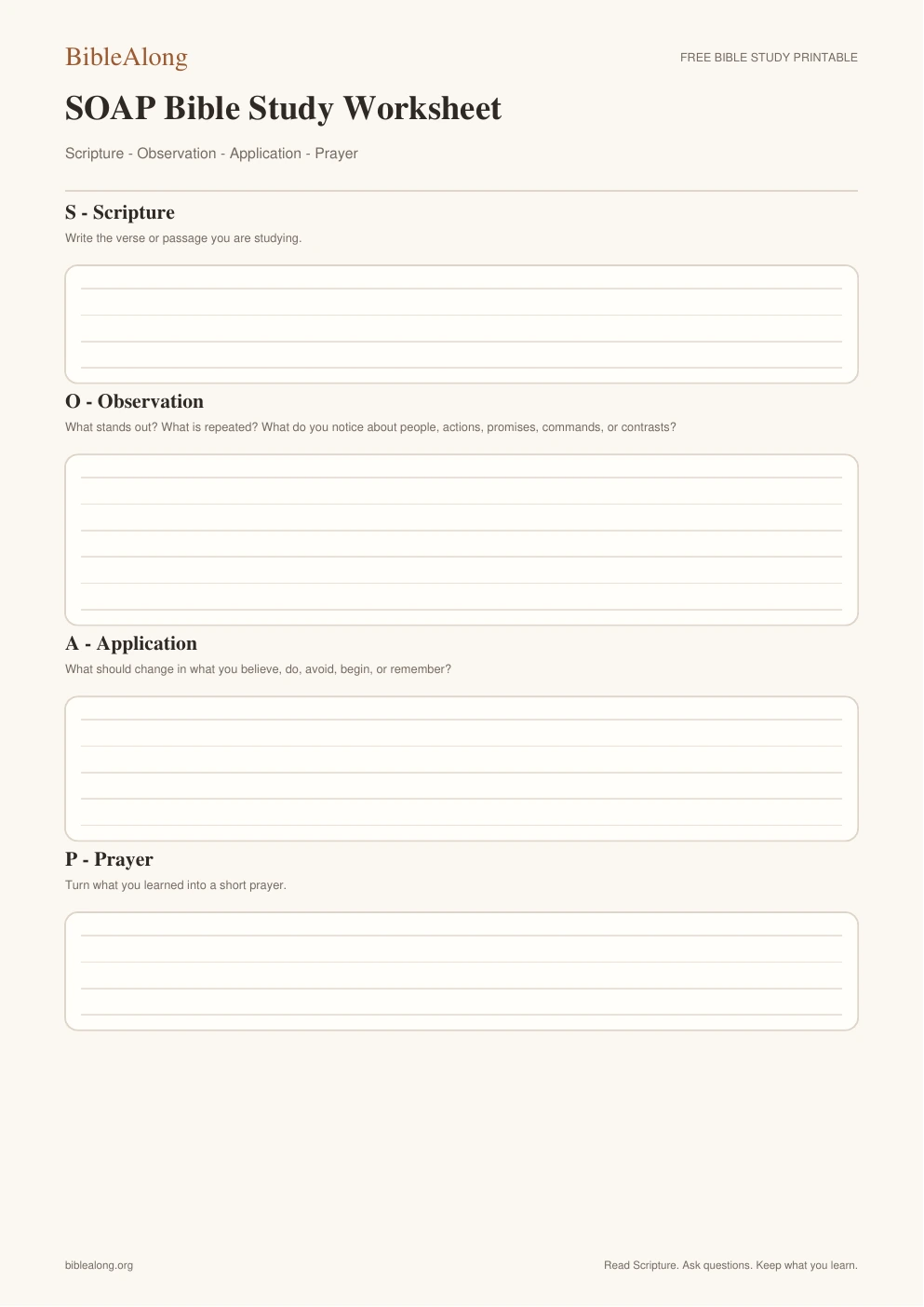 SOAP Bible Study Worksheet printable preview