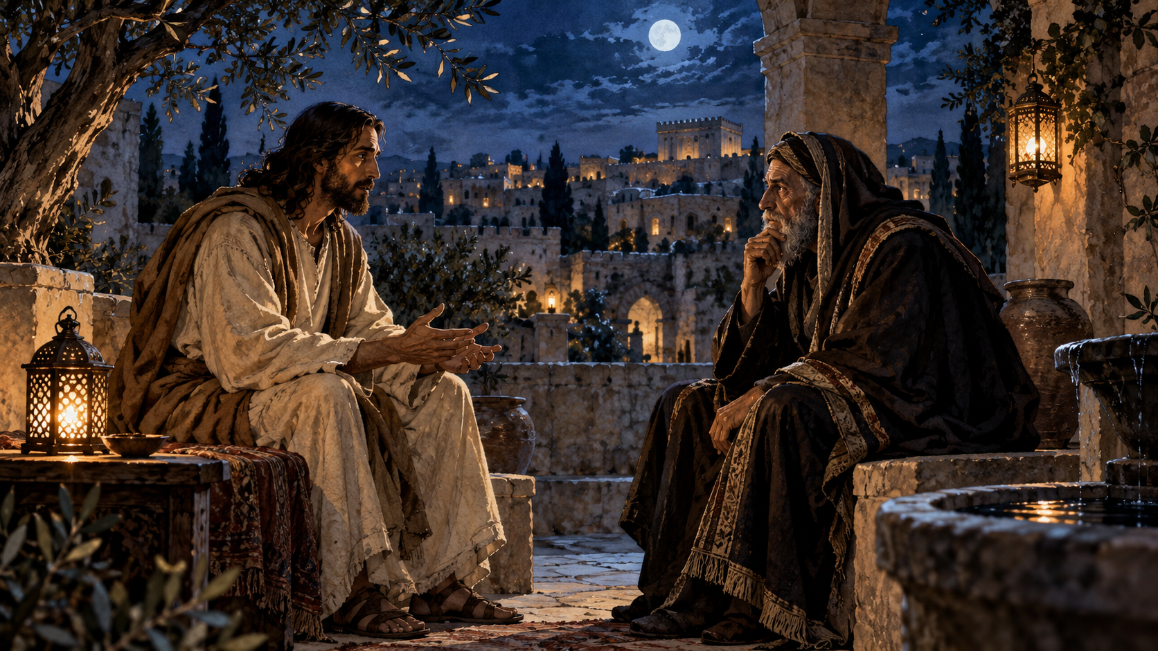 Nicodemus at Night illustrated Bible story